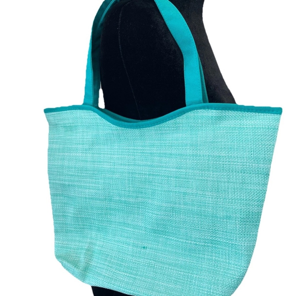 Lancome Paris plastic canvas teal open tote bag with graphic liner NWOT‎ summer